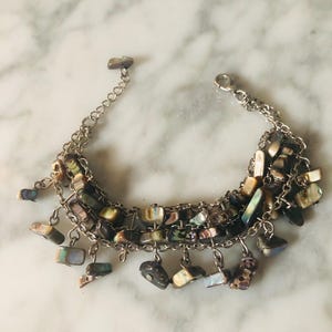 ABALONE Shell Chip CHARM BRACELET. Silver tone chain. Ships from Canada