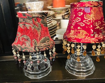 Fabric Lampshades, small size with beaded fringe. 2 to choose from. Vintage items. Ships from Canada