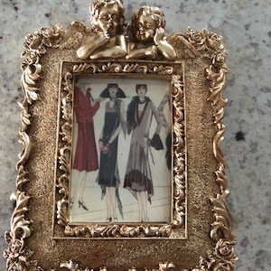 Vintage Cherub Picture Frame, Gold Tone Resin, 2x3 Photo