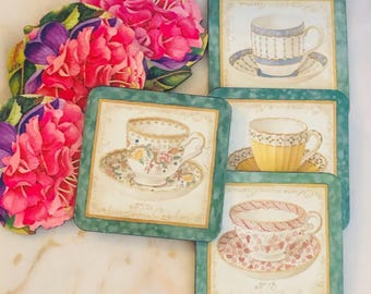 Mismatch Coasters, Vintage Tea Cups & Roses, Set of 7