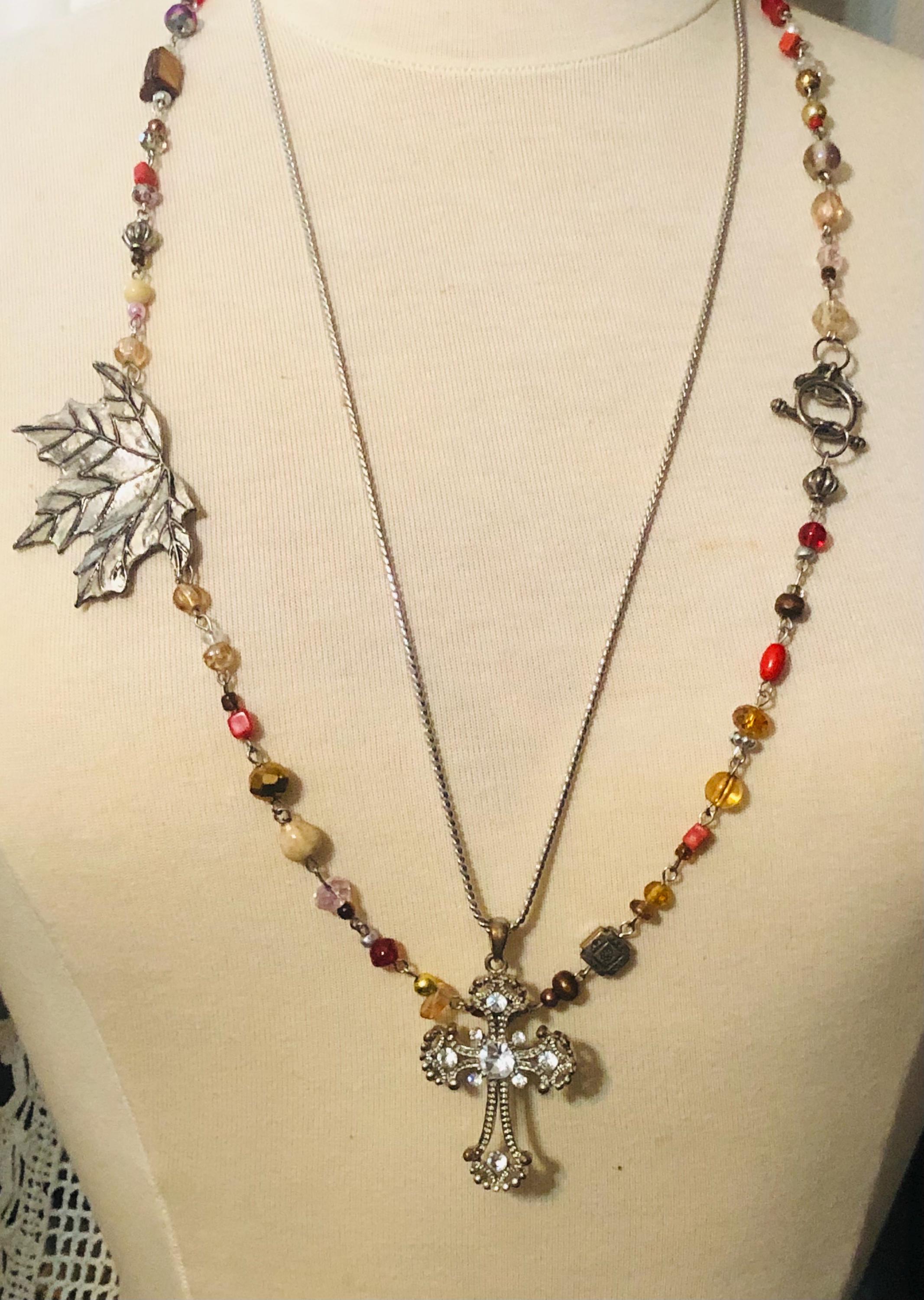 MULTI Strand Necklace, Beaded With Maple Leaf, and a Rhinestone Cross ...