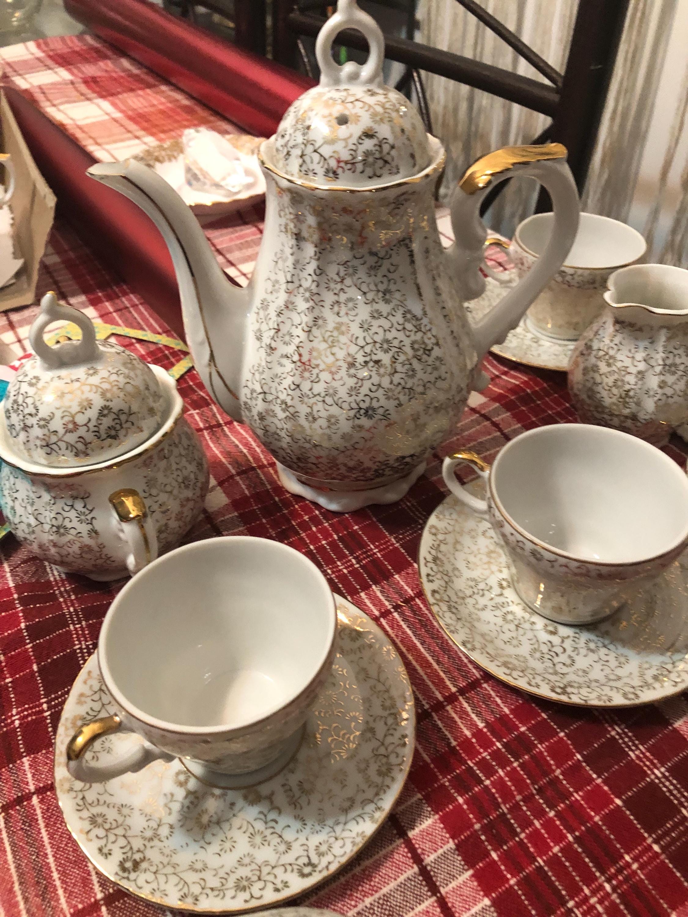 アンティーク　お茶セット　fame AL JAPAN Vintage Hotta Yu Co Peach & Blue Lusterware Hand painted Tea