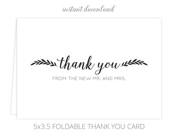 Printable Wedding Thank You Cards (Folded) | Thank You from new Mr. and Mrs.  | Instant Download | 5x3.5 | DIY Printable/Digital File | r005