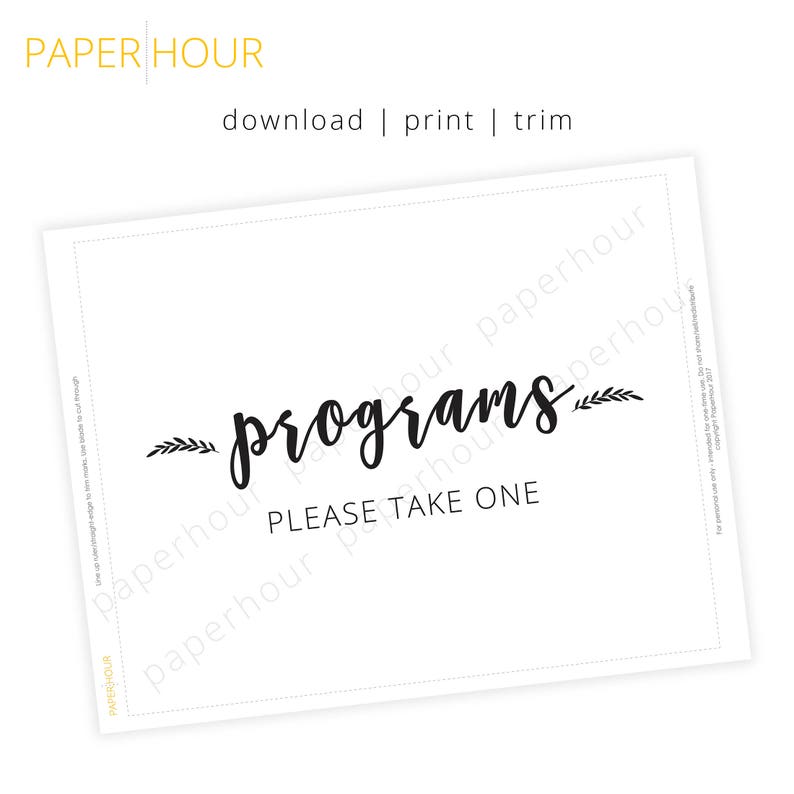 Printable Wedding Reception Sign Programs please take one Instant Download 5x7 & 8x10 DIY Printable/Digital File z009 image 3