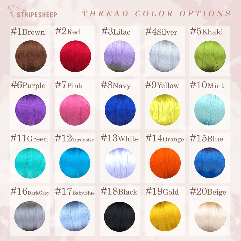 May include: A chart of 20 different embroidery floss colors, each color is represented by a wound ball of floss. The colors are labeled with numbers and names, such as #1 Brown, #2 Red, #3 Lilac, #4 Silver, #5 Khaki, #6 Purple, #7 Pink, #8 Navy, #9 Yellow, #10 Mint, #11 Green, #12 Turquoise, #13 White, #14 Orange, #15 Blue, #16 Dark Grey, #17 Baby Blue, #18 Black, #19 Gold, #20 Beige.