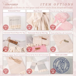 May include: Nine different styles of towels and towel sets with various customization options. The towels are all white or light colored with different patterns and designs. Some of the towels have personalized names or text on them. The towels are all made of a soft, absorbent material.