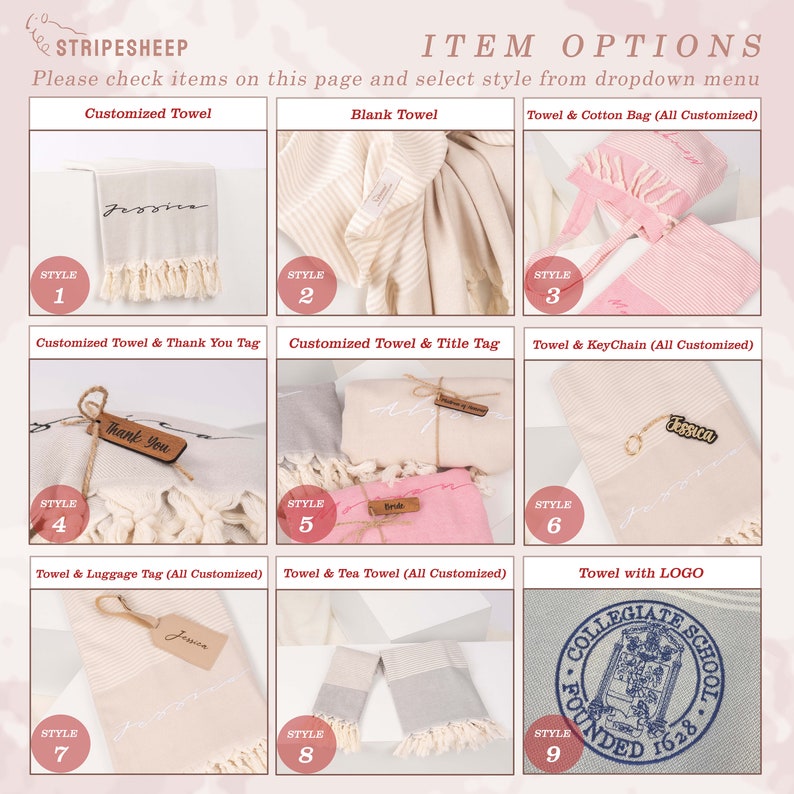 May include: Nine different styles of towels and towel sets with various customization options. The towels are all white or light colored with different patterns and designs. Some of the towels have personalized names or text on them. The towels are all made of a soft, absorbent material.