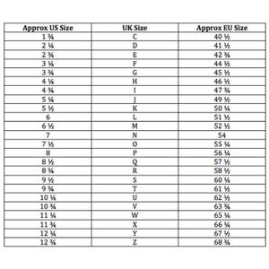 May include: A chart showing shoe size conversions between US, UK, and EU sizes. The chart lists sizes from 1 1/4 to 12 3/4 in US sizes, C to Z in UK sizes, and 40 1/2 to 68 1/2 in EU sizes.