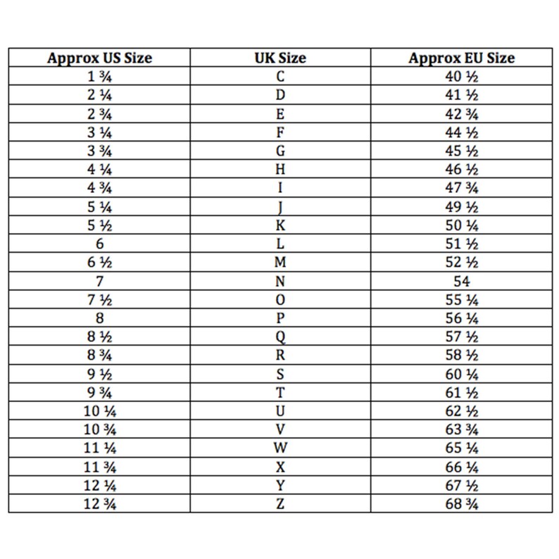 May include: A chart showing shoe size conversions between US, UK, and EU sizes. The chart lists sizes from 1 1/4 to 12 3/4 in US sizes, C to Z in UK sizes, and 40 1/2 to 68 1/2 in EU sizes.