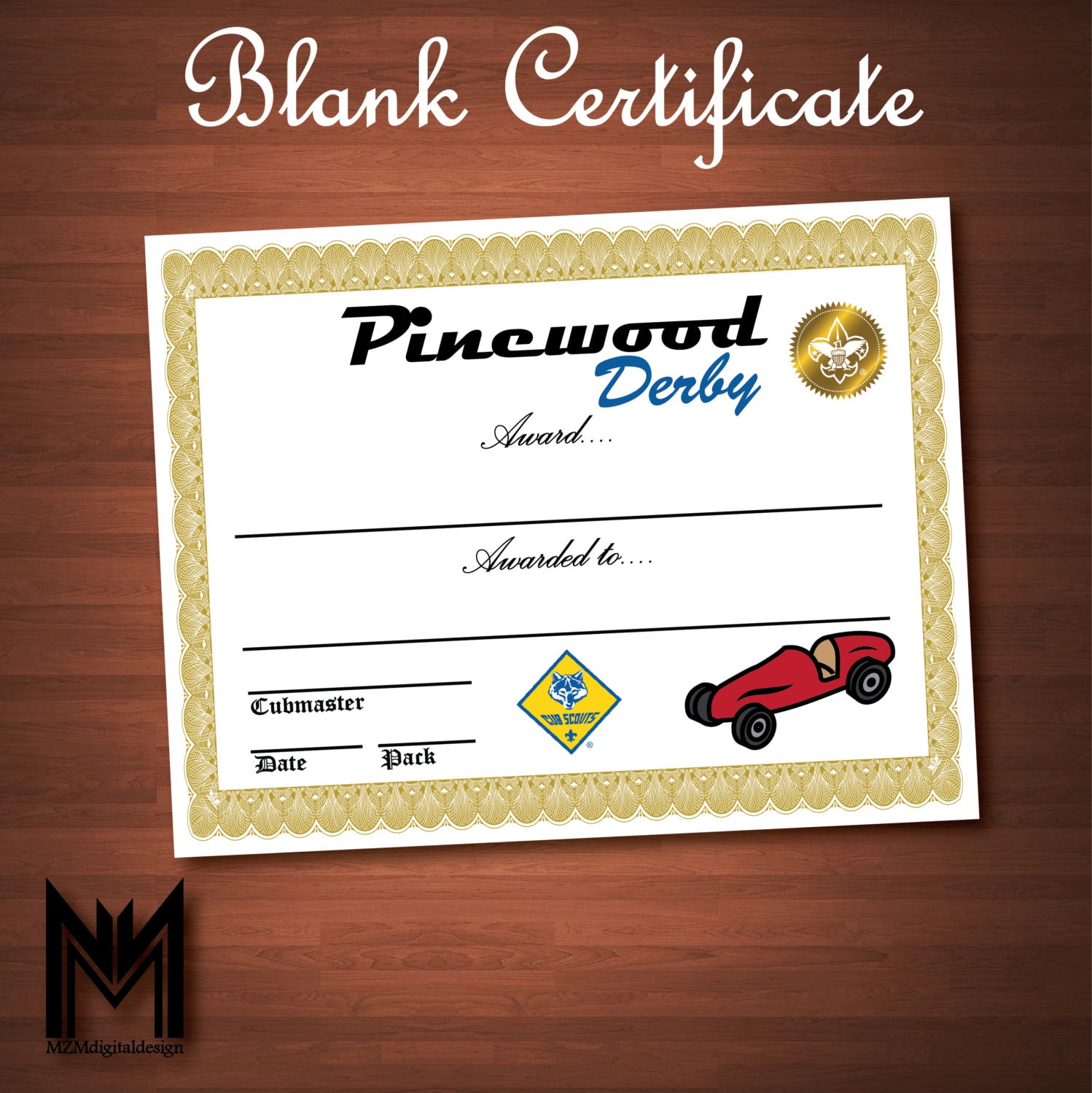 Printable Blank Pinewood Derby Certificate - BSA Cub Scout - Pinewood Derby  - Award - Pack Meeting - Instant Download - PDF File In Pinewood Derby Flyer Template