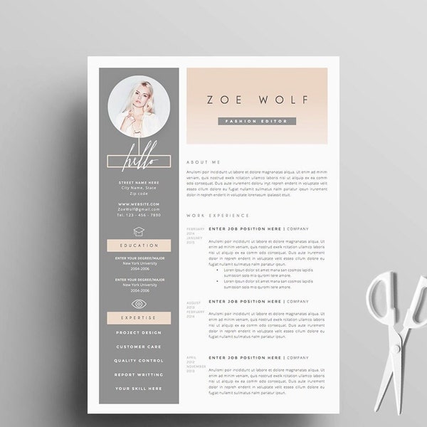 May include: A light gray and peach resume template with a photo of a woman in the top left corner. The resume is for Zoe Wolf, Fashion Editor. The resume includes sections for About Me, Work Experience, Education, and Expertise.