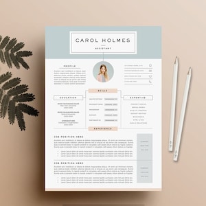 May include: A light blue and white resume template with a photo of a woman in the top right corner. The resume is divided into sections for profile, education, skills, expertise, and experience. The text "CAROL HOLMES ASSISTANT" is at the top of the page. The text "the RESUME BOUTIQUE" is at the bottom of the page.