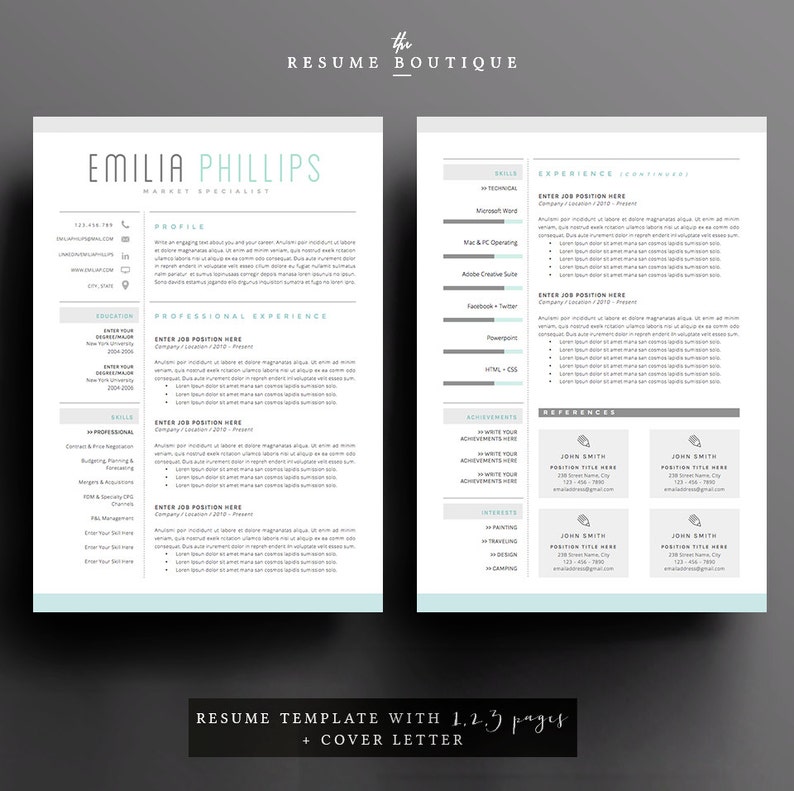 Resume Template 4 page CV Template Cover Letter for MS Word Instant Digital Download The Aqua image 2