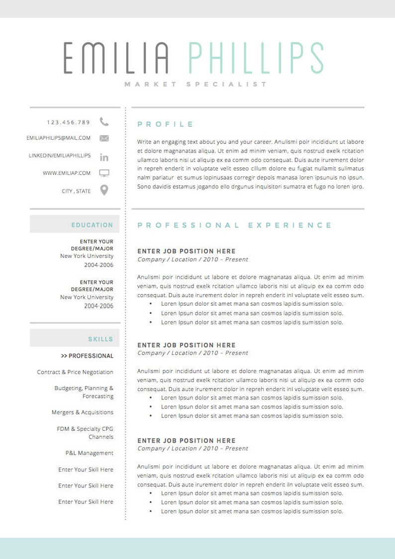 Resume Template 4 page CV Template Cover Letter for MS Word Instant Digital Download The Aqua image 4