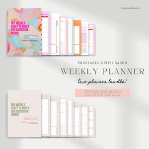 May include: A bundle of printable weekly planners for Christian mums. The cover features colorful abstract art and the text "The Weekly Reset Planner for Christian Mums." The image includes the text "Printable Faith Based Weekly Planner" and "Instant Download US Letter Size & A4."