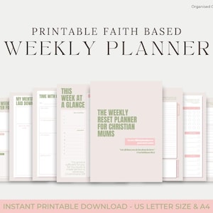 Könnte beinhalten: Ein druckbarer Wochenplaner in zarten Rosa- und Grüntönen. Der Planer enthält Abschnitte für Gebet, psychische Gesundheit, Zeitmanagement und einen Wochenüberblick. Der Text enthält "Printable Faith Based Weekly Planner" und "The Weekly Reset Planner".