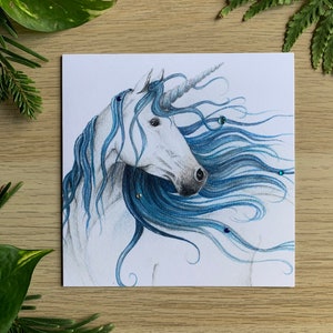 Hand Finished Blue Unicorn Greetings Card