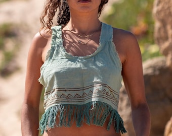 Fringe Crop Top Women | Ethnic Block Print Cotton Top | Boho Fringe Tank Top Handmade | Tribal Festival Crop Top