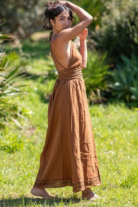 braided halter maxi dress AMANDA Muslin Brown Women | Ethnic Boho Dress Waist | Tribal Embroidered Hem Cotton Dress | Ethereal Summer Dress Halter Back
