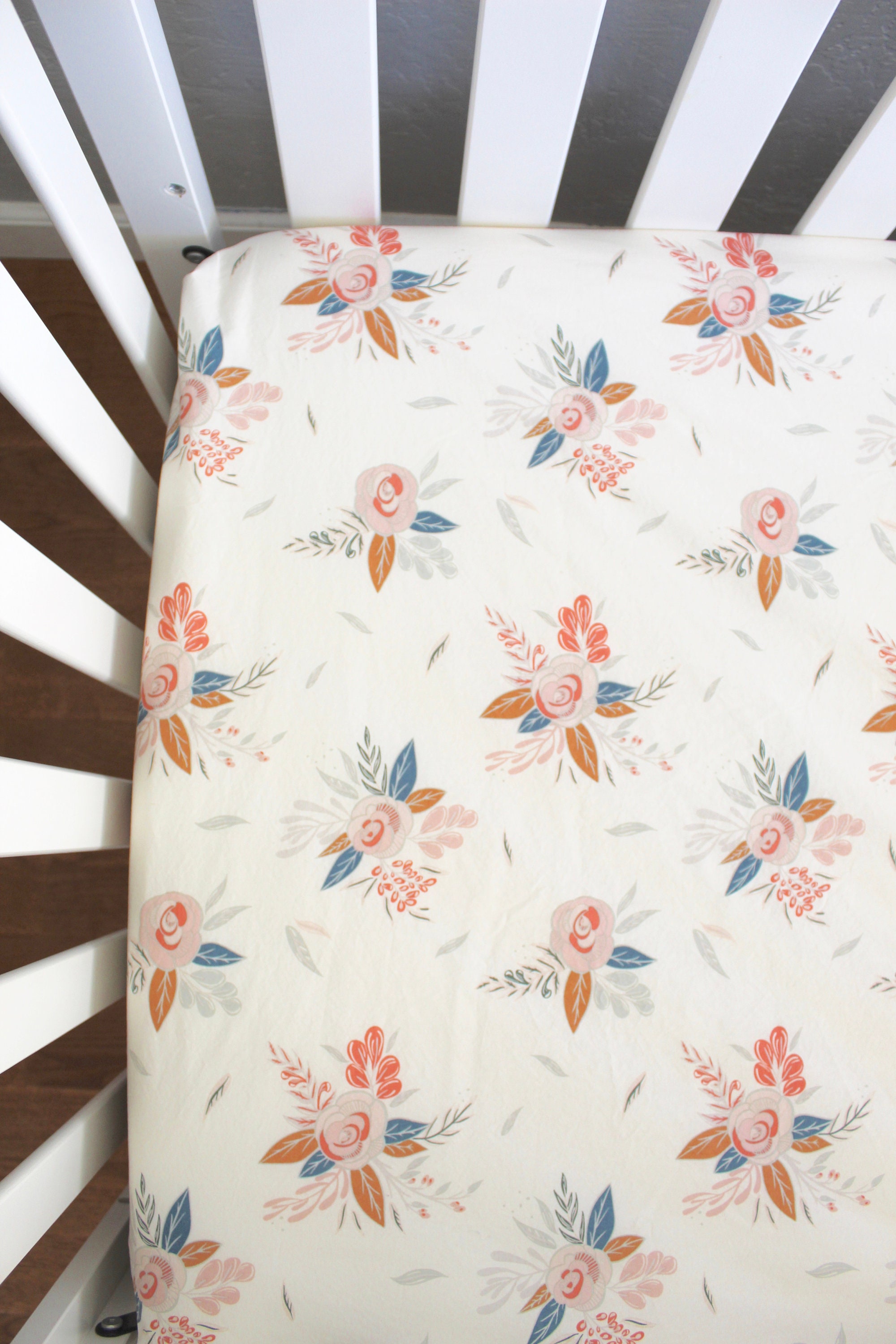 Cream And Pink Blue Floral Baby Fitted Crib Sheet Bedding Etsy