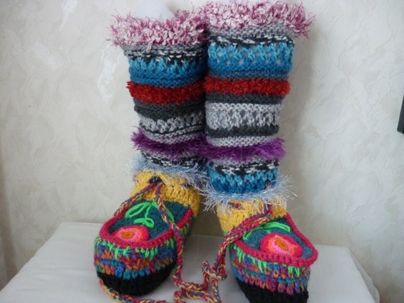 Pattern Crochet Boot Slippers Knitted Pattern Boot Colorful Slippers Crochet Boot Woman Slippers Handmade Freeform Crochet Mukluks