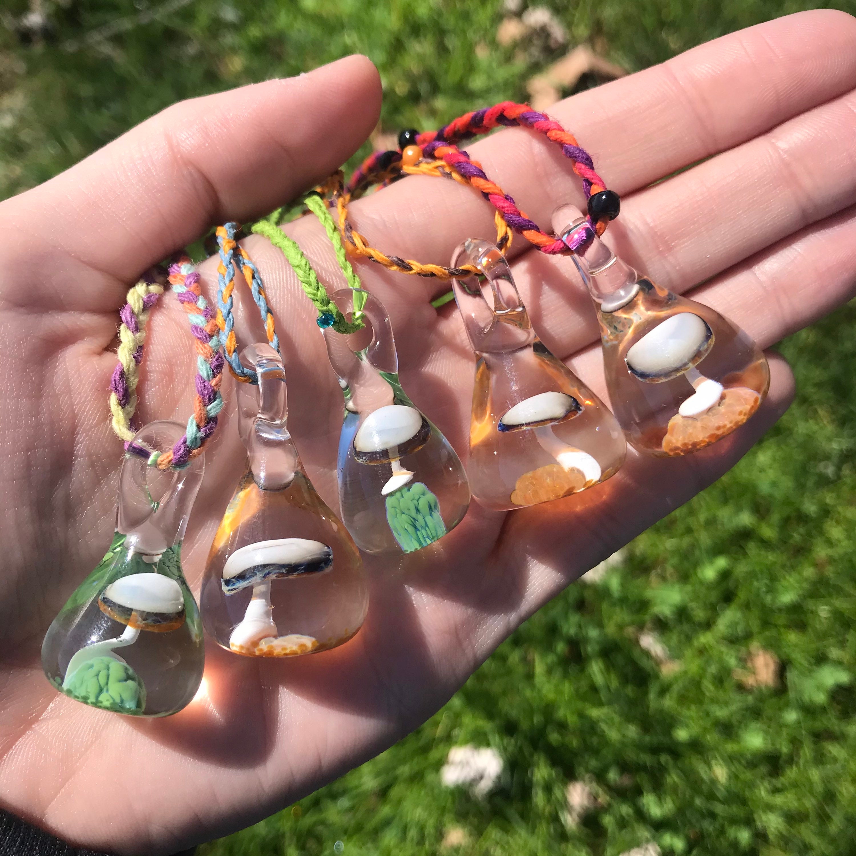 Glass Mushroom Pendant Colorful Braided 