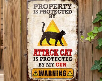 Metal Warning Sign Outdoor Beware Plaque Pet Home Yard Decor Cat Lover Gift
