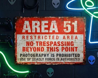 Retro Metal Sign Area 51 Warning Plaque Alien Decor Game Room Sci Fi Gift
