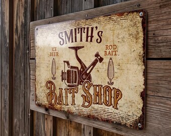 Personalized Metal Sign Custom Bait Shop Plaque Lake House Outdoor Decor Fisherman Dad Gift