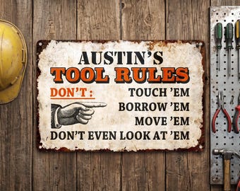 Personalized Metal Sign Custom Tool Rules Garage Workshop Decor Man Cave Dad Husband Gift
