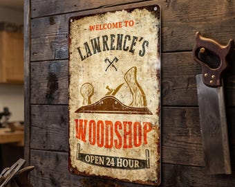 Personalized Metal Sign Custom Woodshop Carpenter Plaque Workshop Outdoor Decor Dad Husband Gift