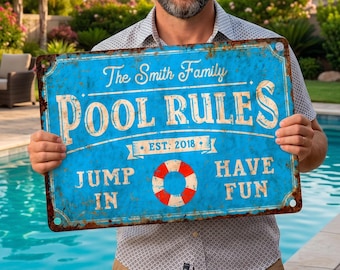 Personalized Funny Pool Metal Sign, Custom Outdoor Vintage Aluminum Backyard Swimming Wall Decor