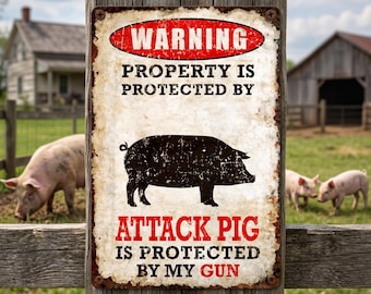 Funny Animal Warning Metal Sign Attack Pig Outdoor Aluminum Farm Decor Gift