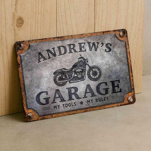 Custom Garage Metal Sign – Personalized Vintage Motorcycle Plaque with Tool Rule Humor for Workshop or Man Cave