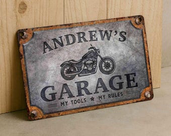 Custom Garage Metal Sign – Personalized Vintage Motorcycle Plaque with Tool Rule Humor for Workshop or Man Cave