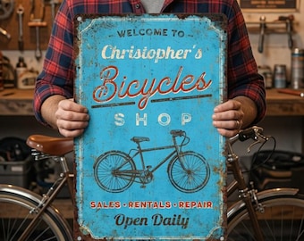 Personalized Bicycle Shop Sign for Outdoor Vintage Aluminum Cyclist Garage Wall Decor