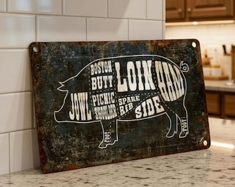 Retro Pork Cuts Sign Aluminum Butcher Chart Kitchen Decor BBQ Pitmaster Gift