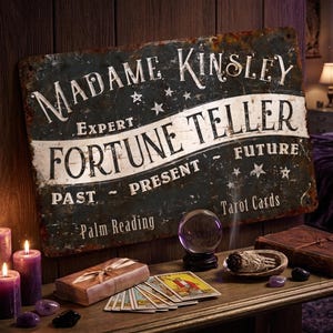 May include: A rectangular metal sign with a distressed dark finish featuring the white text MADAME KINSLEY EXPERT FORTUNE TELLER, PAST ~ PRESENT ~ FUTURE, Palm Reading, and Tarot Cards, accented with small white stars across the surface.