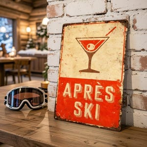 Placa de metal Apres Ski – Decoração de parede vintage de inverno para amantes de esqui e espaços sociais.