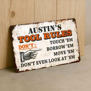Placa de metal personalizada com regras para ferramentas – Placa vintage personalizada para oficina, garagem, lavanderia ou galpão.