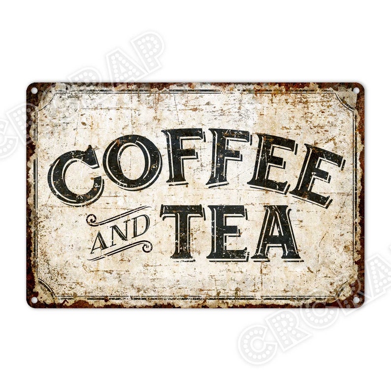 Retro coffee and tea sign mounted on white wall with weathered texture and nostalgic charm