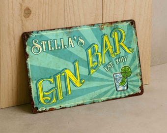 Custom Gin Bar Sign – Personalized Vintage Metal Wall Decor for Home Bar, Kitchen or Cocktail Space