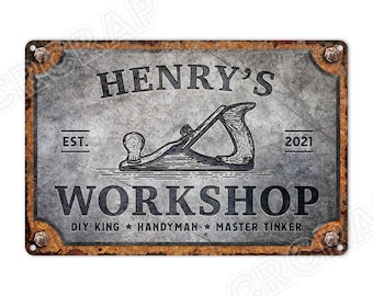 Workshop Sign, Metal Sign, Custom Sign, Personalised Gifts, Craft Room Sign, Handyman, Master Tinker, Rustic Wall Decor