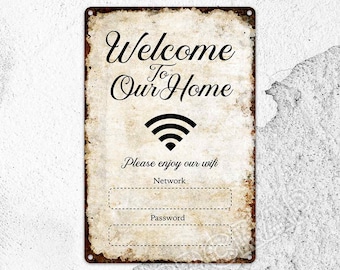 Letrero metálico personalizado con contraseña de wifi: placa rústica personalizada para decorar el hogar, la cafetería y la habitación de invitados.