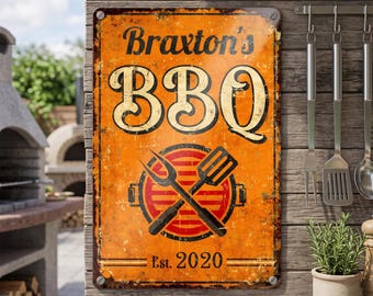 Personalized BBQ Metal Sign, Outdoor Aluminum Custom Vintage Backyard Grill Decor Gift