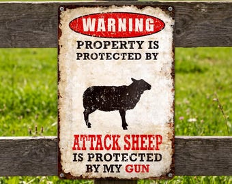 Metal Warning Sign Attack Sheep Property Protected Plaque Farmhouse Decor Garden Fence Farmer Gift
