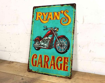 Motorcycle Garage Metal Sign – Rustic Vintage Plaque for Biker Workshop, Shed & Man Cave Decor
