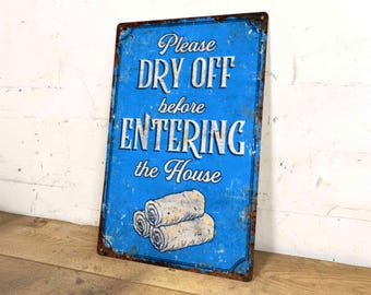 Dry Off Reminder Metal Sign – Vintage Bathroom or Poolside Wall Decor with Towels Illustration
