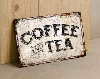 Letrero metálico vintage de café y té: decoración rústica de pared para cocina, cafetería o despensa.