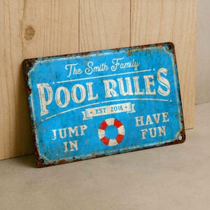 Cartello in metallo personalizzato con le regole della piscina: targa rustica personalizzata per decorazioni da giardino, patio e piscina